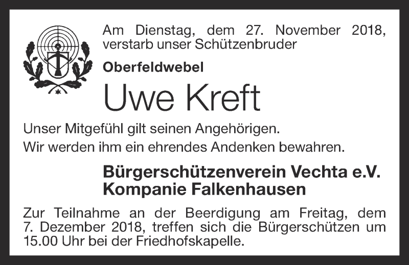  Traueranzeige für Uwe Kreft vom 04.12.2018 aus OM-Medien
