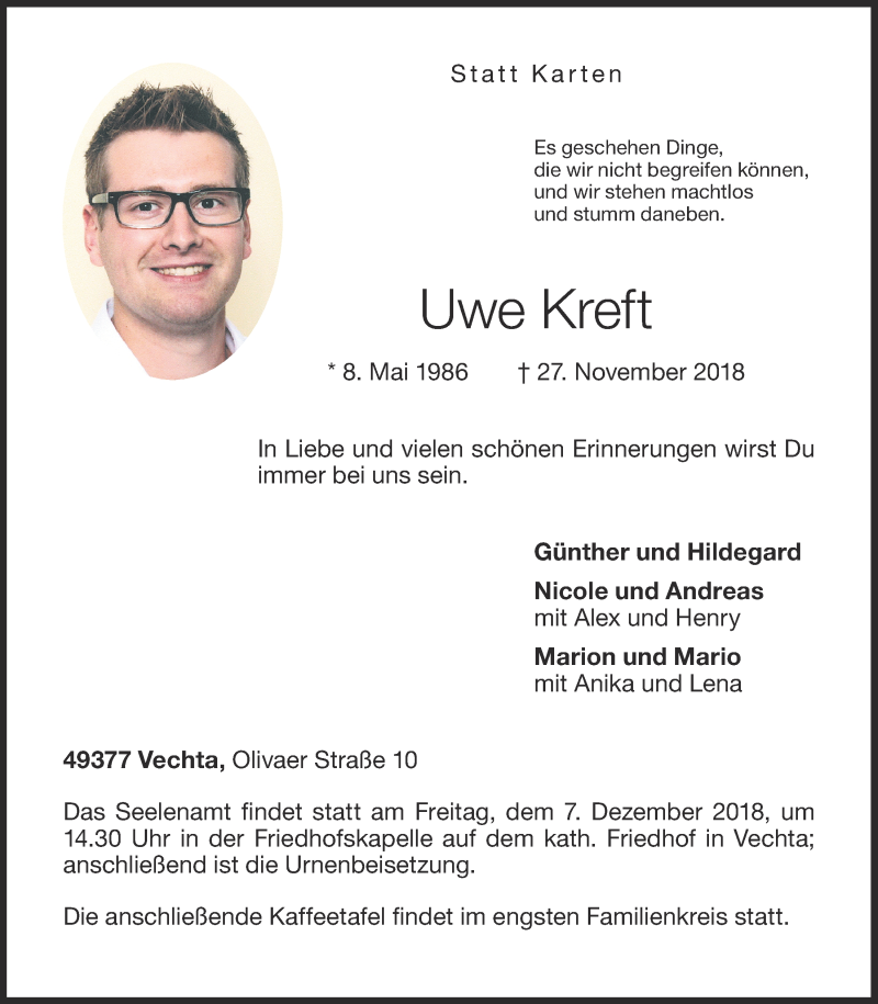  Traueranzeige für Uwe Kreft vom 01.12.2018 aus OM-Medien