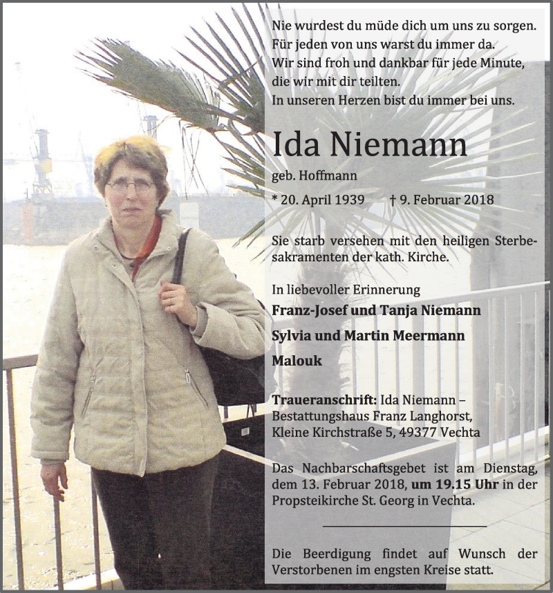  Traueranzeige für Ida Niemann vom 12.02.2018 aus OM-Medien