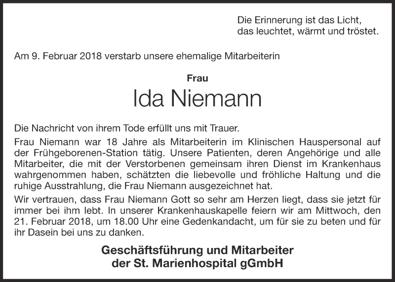  Traueranzeige für Ida Niemann vom 14.02.2018 aus OM-Medien
