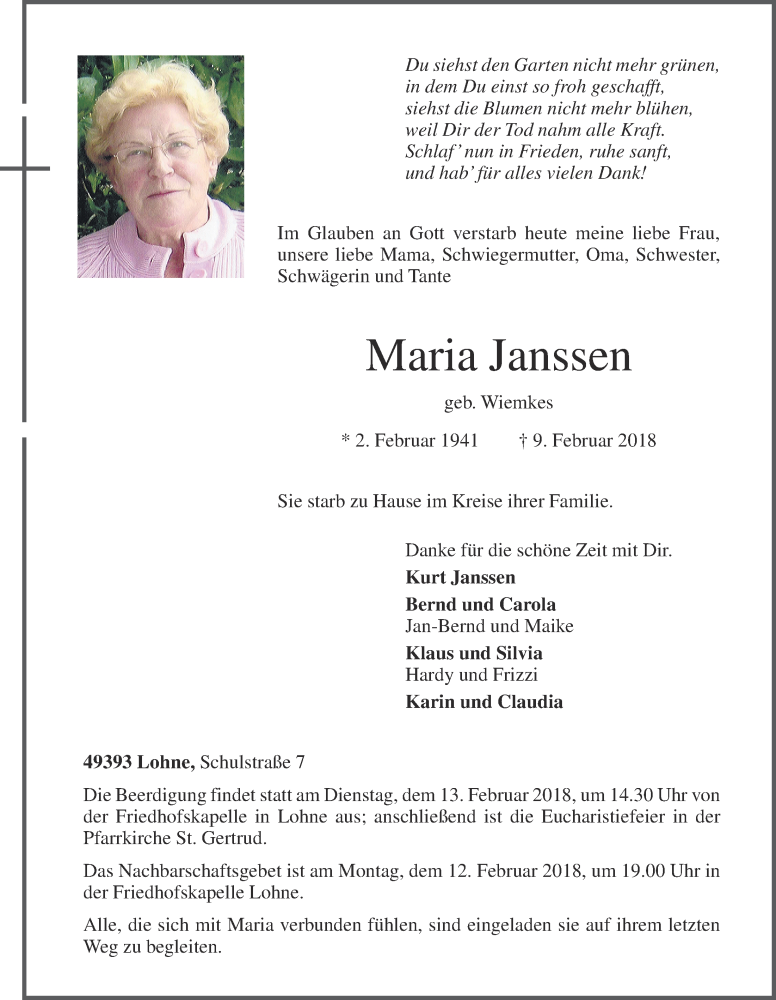  Traueranzeige für Maria Janssen vom 10.02.2018 aus OM-Medien