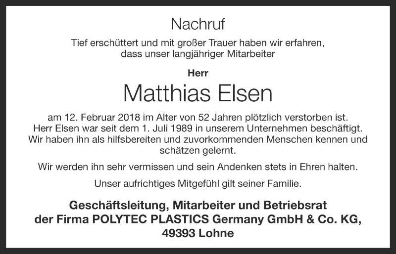  Traueranzeige für Matthias Elsen vom 20.02.2018 aus OM-Medien