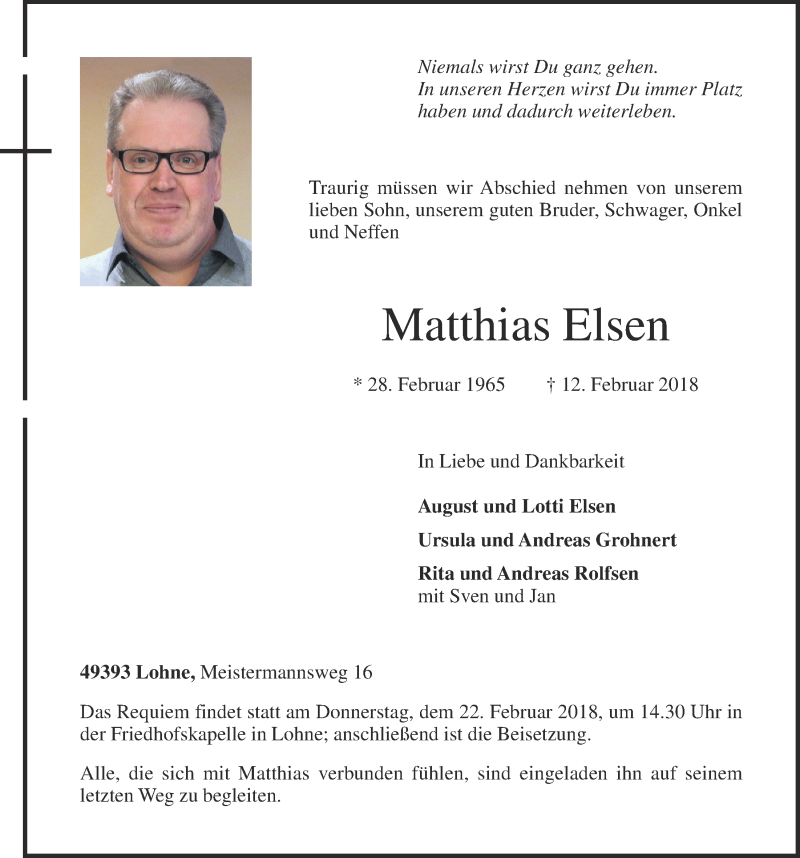  Traueranzeige für Matthias Elsen vom 17.02.2018 aus OM-Medien