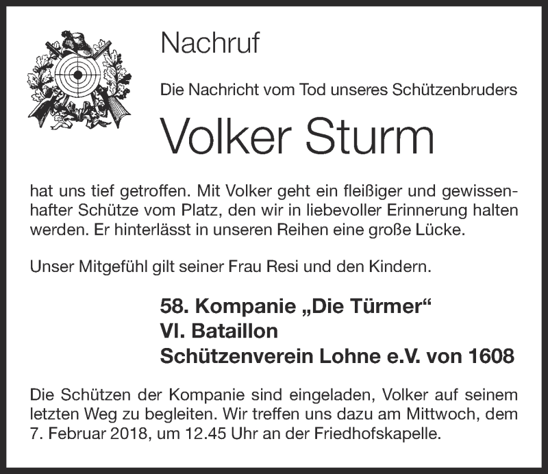  Traueranzeige für Volker Sturm vom 03.02.2018 aus OM-Medien