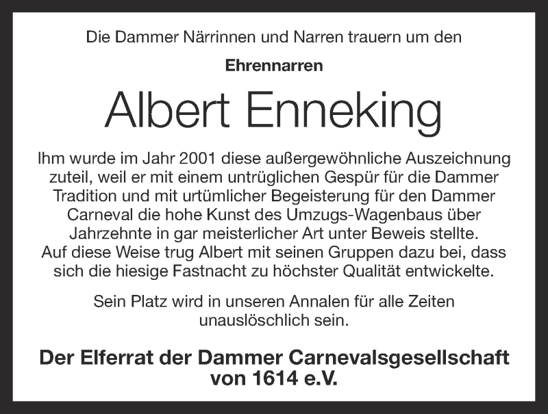  Traueranzeige für Albert Enneking vom 05.03.2018 aus OM-Medien