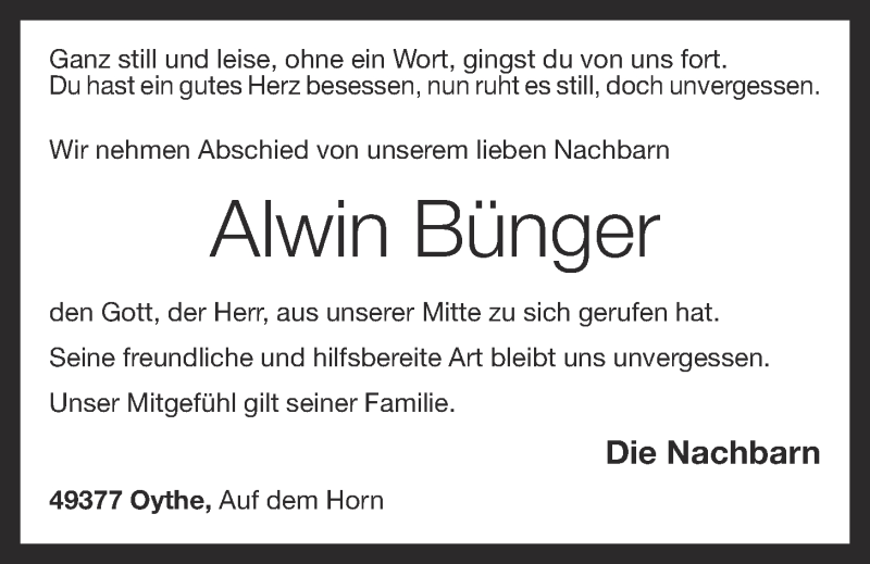  Traueranzeige für Alwin Bünger vom 24.03.2018 aus OM-Medien