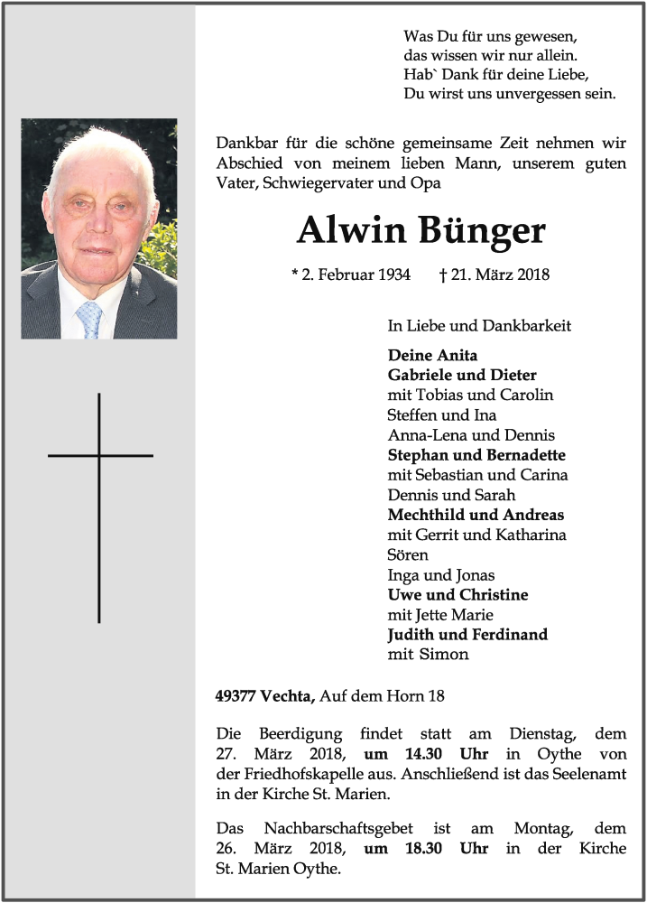  Traueranzeige für Alwin Bünger vom 23.03.2018 aus OM-Medien