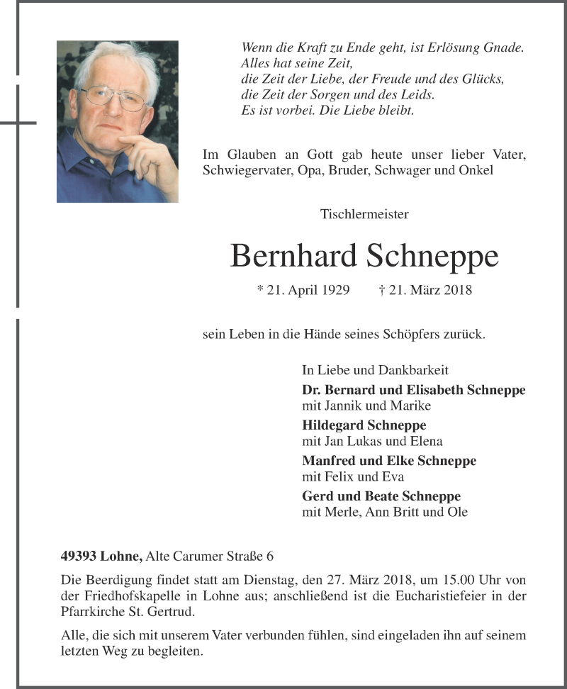  Traueranzeige für Bernhard Schneppe vom 23.03.2018 aus OM-Medien