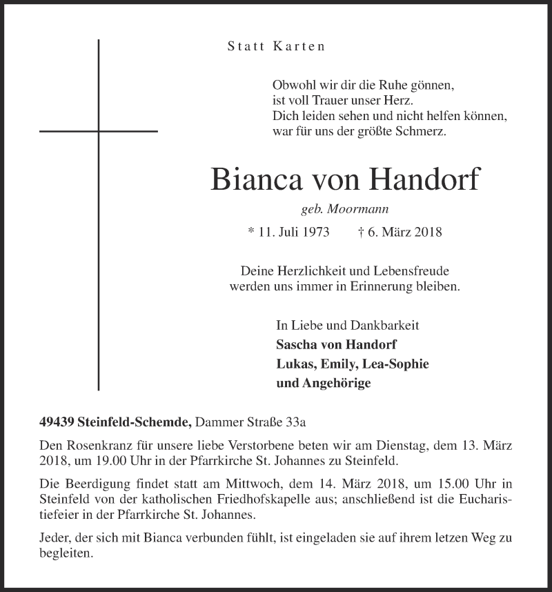  Traueranzeige für Bianca von Handorf vom 10.03.2018 aus OM-Medien