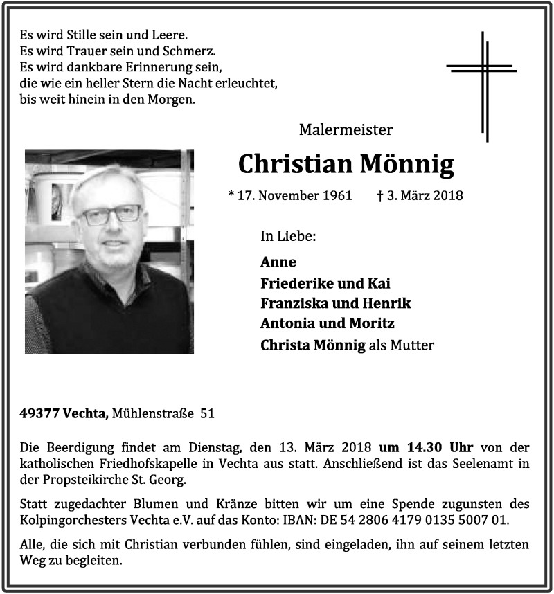  Traueranzeige für Christian Mönnig vom 09.03.2018 aus OM-Medien