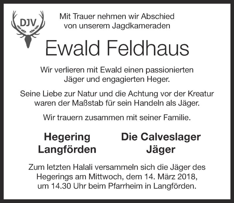  Traueranzeige für Ewald Feldhaus vom 13.03.2018 aus OM-Medien