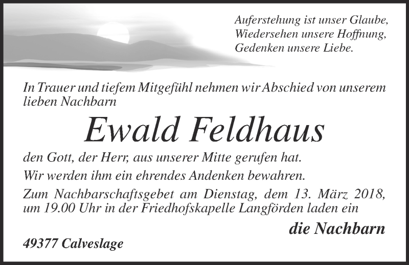 Traueranzeige für Ewald Feldhaus vom 12.03.2018 aus OM-Medien