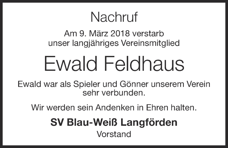  Traueranzeige für Ewald Feldhaus vom 13.03.2018 aus OM-Medien