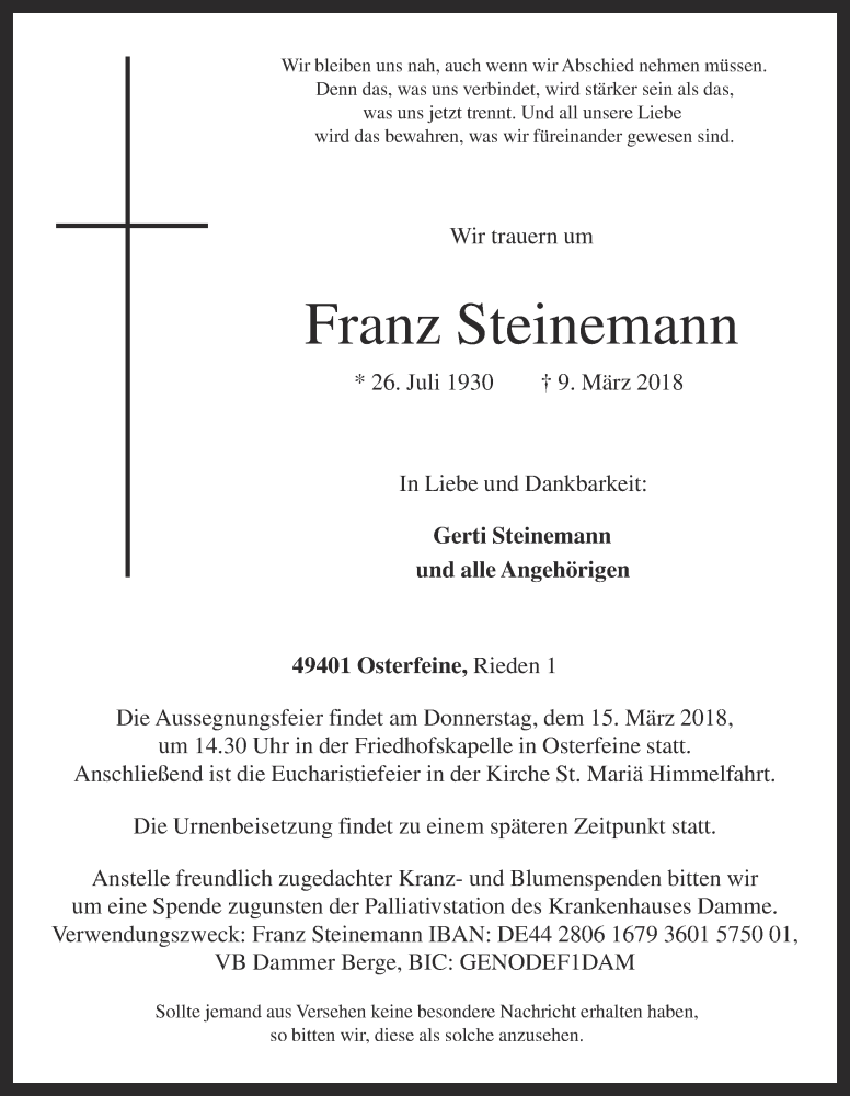  Traueranzeige für Franz Steinemann vom 12.03.2018 aus OM-Medien