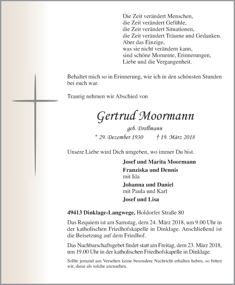  Traueranzeige für Gertrud Moormann vom 20.03.2018 aus OM-Medien