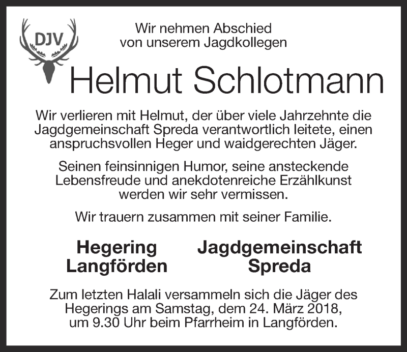  Traueranzeige für Helmut Schlotmann vom 22.03.2018 aus OM-Medien