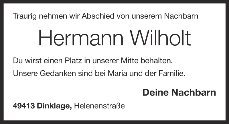  Traueranzeige für Hermann Wilholt vom 16.03.2018 aus OM-Medien