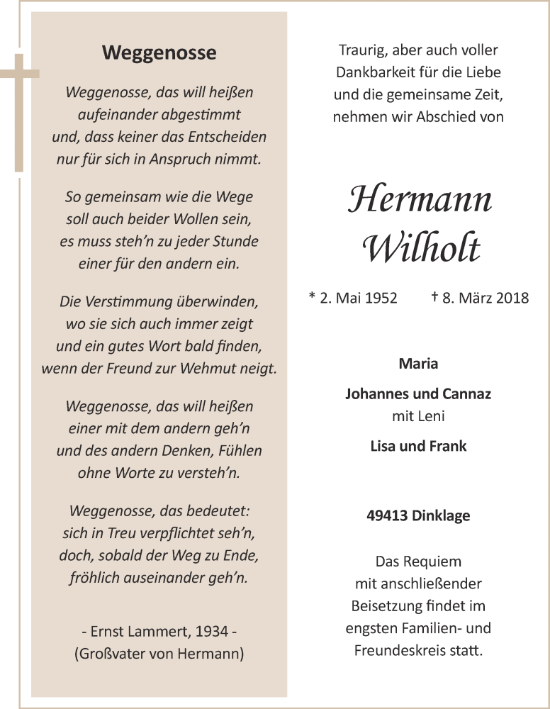  Traueranzeige für Hermann Wilholt vom 12.03.2018 aus OM-Medien