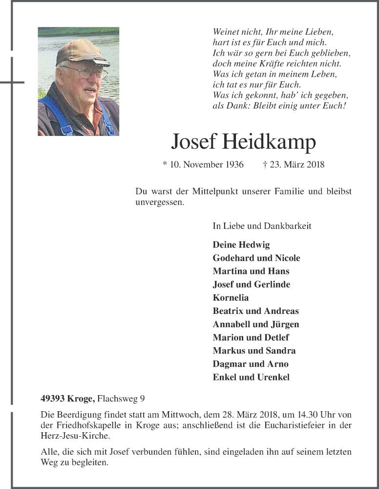  Traueranzeige für Josef Heidkamp vom 24.03.2018 aus OM-Medien
