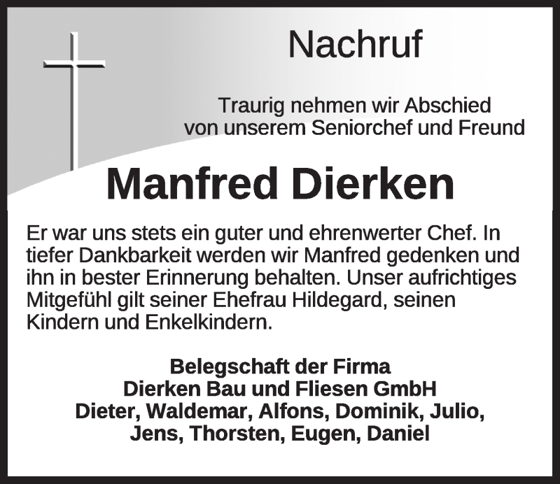  Traueranzeige für Manfred Dierken vom 23.03.2018 aus OM-Medien
