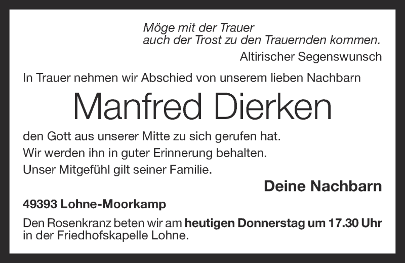  Traueranzeige für Manfred Dierken vom 22.03.2018 aus OM-Medien
