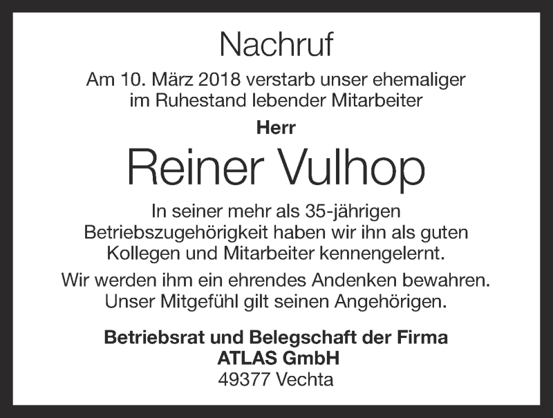  Traueranzeige für Reiner Vulhop vom 17.03.2018 aus OM-Medien