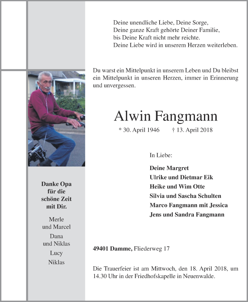  Traueranzeige für Alwin Fangmann vom 16.04.2018 aus OM-Medien
