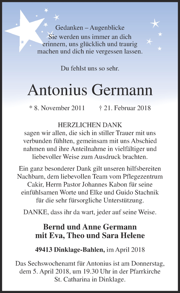  Traueranzeige für Antonius Germann vom 04.04.2018 aus OM-Medien