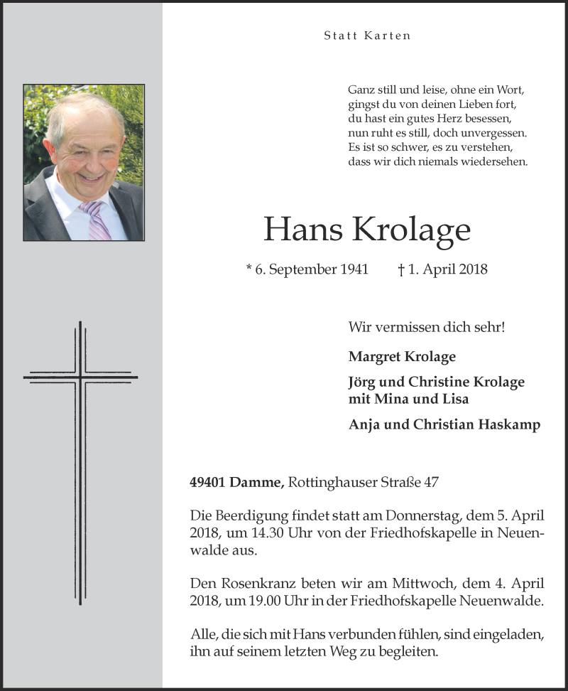  Traueranzeige für Hans Krolage vom 03.04.2018 aus OM-Medien