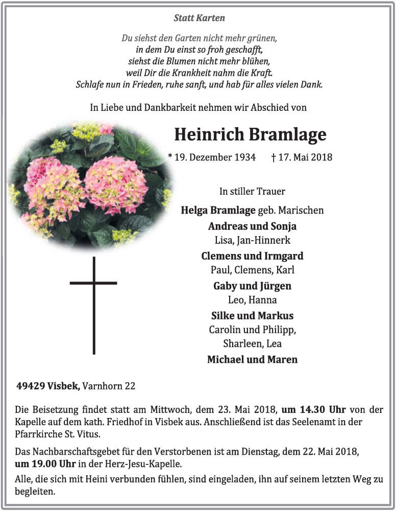  Traueranzeige für Heinrich Bramlage vom 19.05.2018 aus OM-Medien