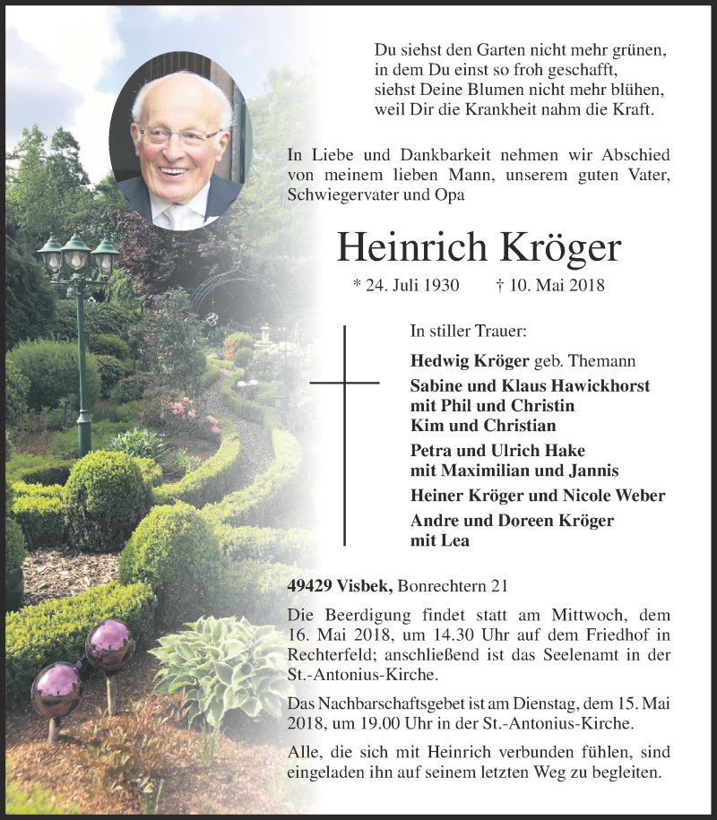  Traueranzeige für Heinrich Kröger vom 12.05.2018 aus OM-Medien