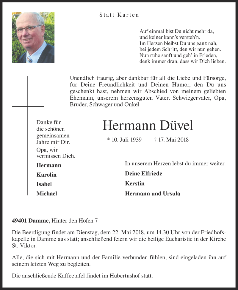  Traueranzeige für Hermann Düvel vom 19.05.2018 aus OM-Medien