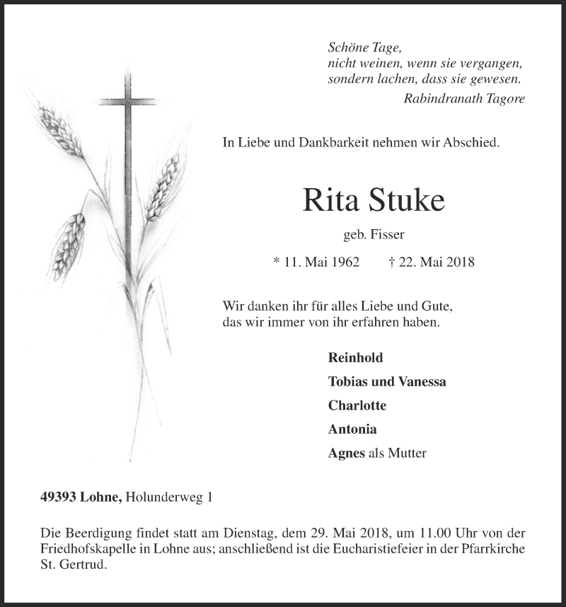  Traueranzeige für Rita Stuke vom 24.05.2018 aus OM-Medien
