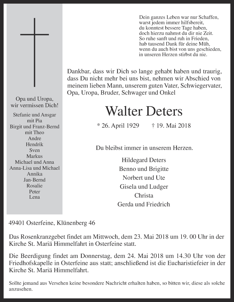  Traueranzeige für Walter Deters vom 22.05.2018 aus OM-Medien