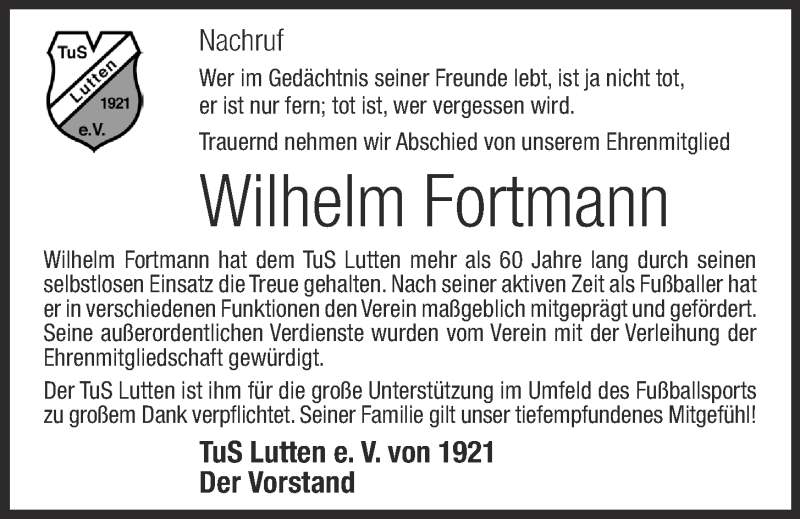  Traueranzeige für Wilhelm Fortmann vom 29.05.2018 aus OM-Medien