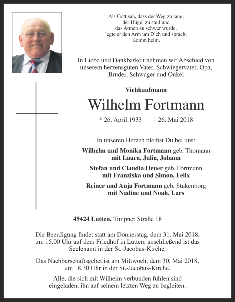  Traueranzeige für Wilhelm Fortmann vom 28.05.2018 aus OM-Medien