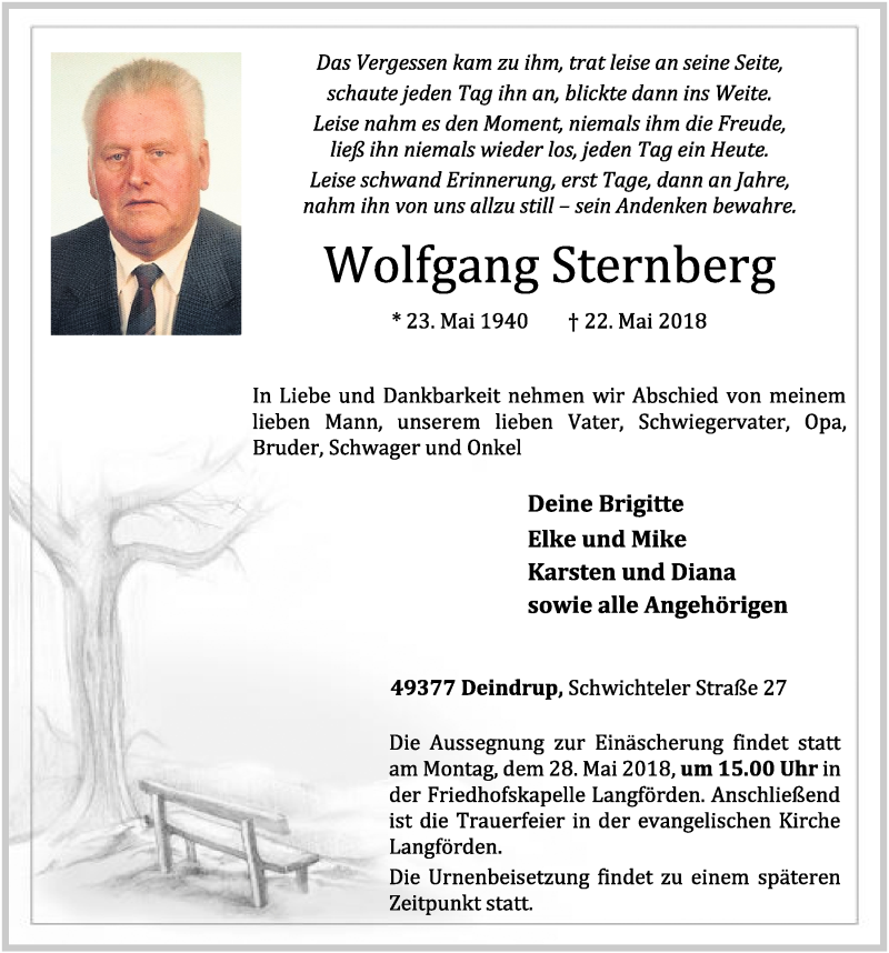  Traueranzeige für Wolfgang Sternberg vom 24.05.2018 aus OM-Medien