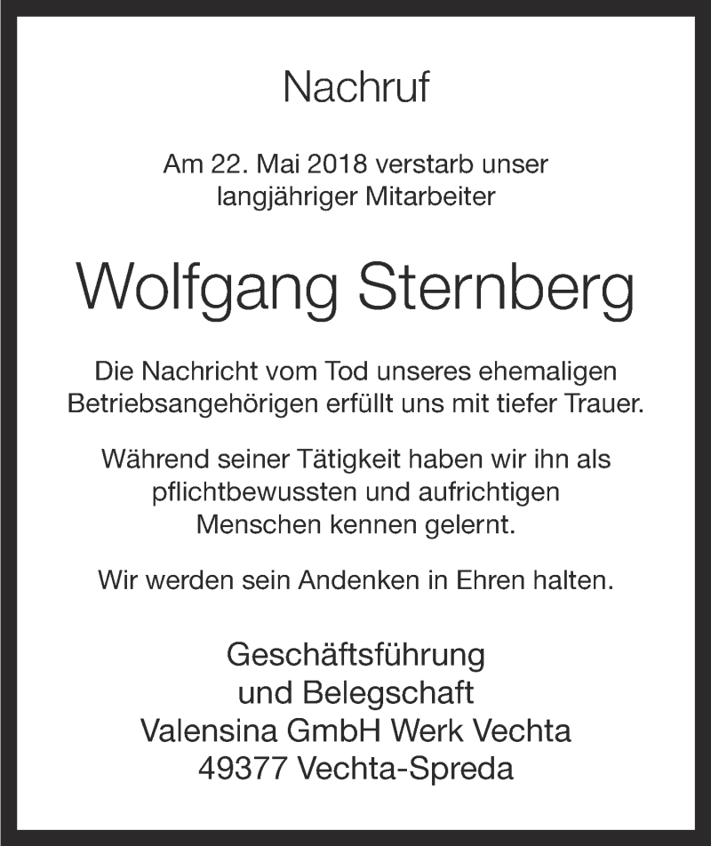  Traueranzeige für Wolfgang Sternberg vom 25.05.2018 aus OM-Medien