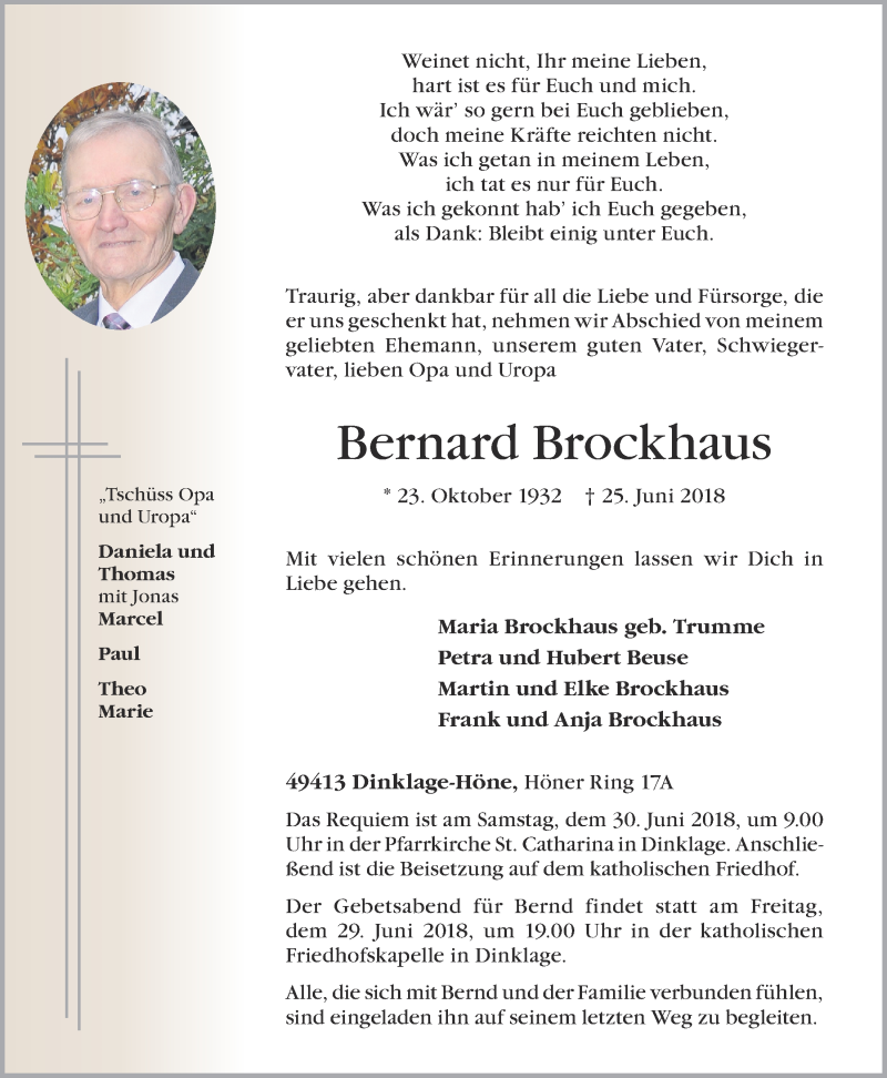 Traueranzeige für Bernard Brockhaus vom 27.06.2018 aus OM-Medien