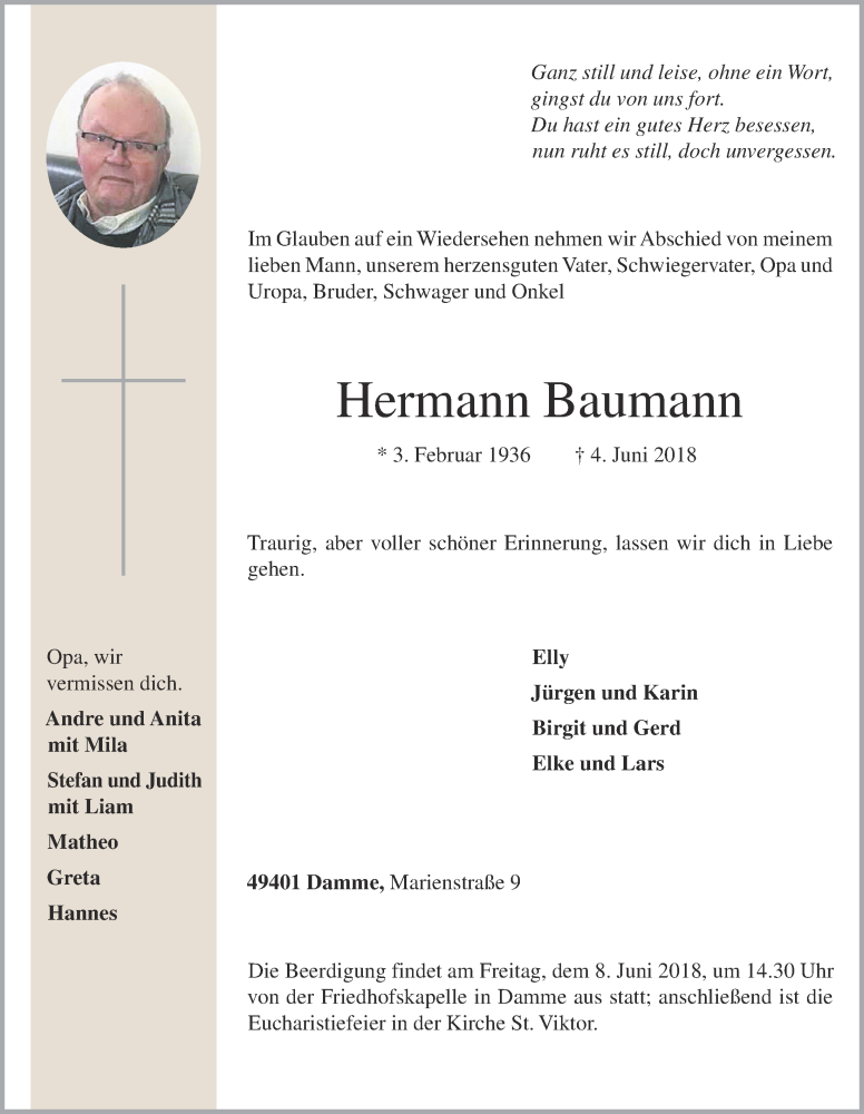  Traueranzeige für Hermann Baumann vom 05.06.2018 aus OM-Medien