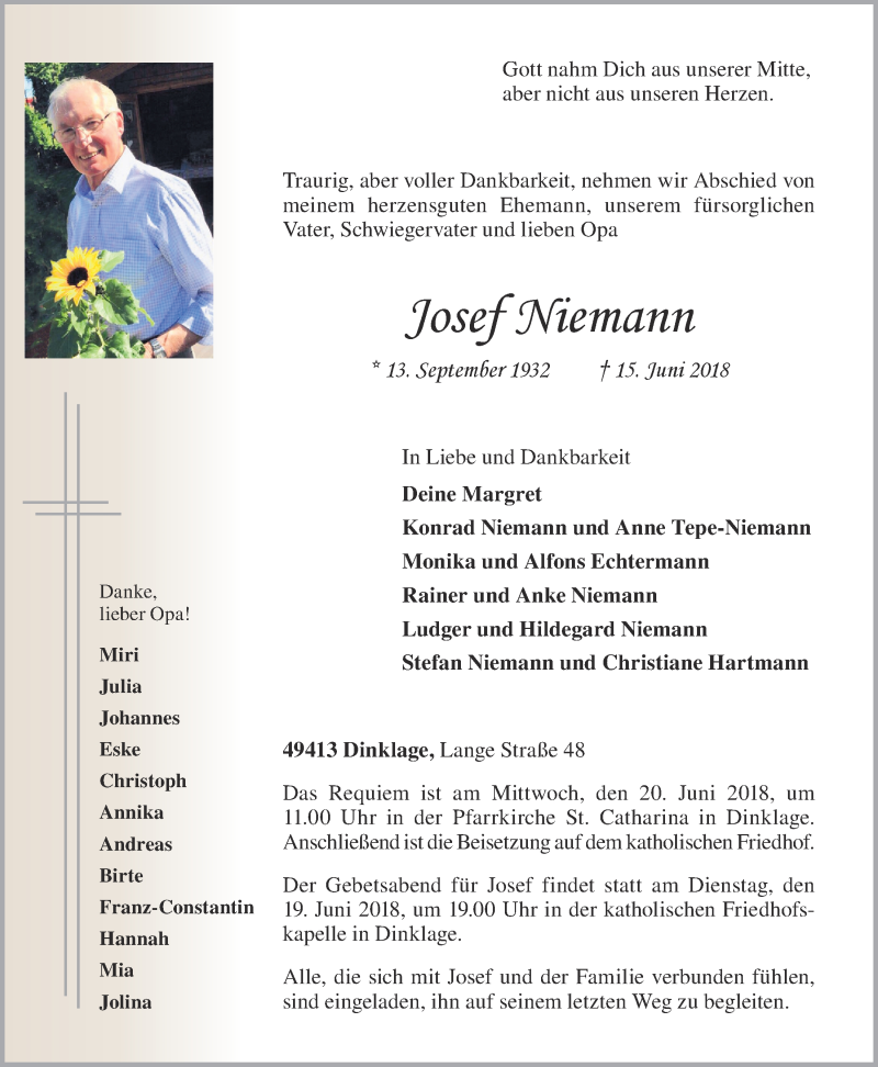  Traueranzeige für Josef Niemann vom 18.06.2018 aus OM-Medien