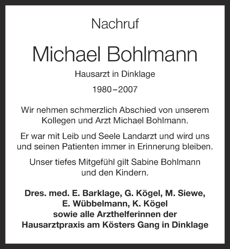  Traueranzeige für Michael Bohlmann vom 26.06.2018 aus OM-Medien