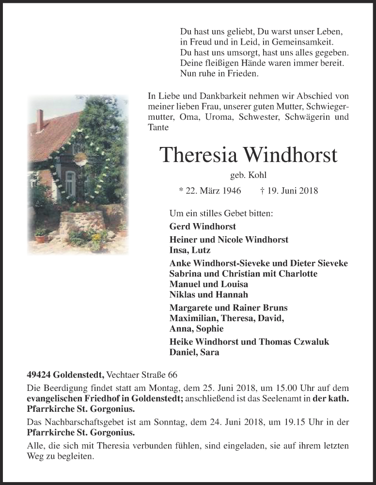  Traueranzeige für Theresia Windhorst vom 21.06.2018 aus OM-Medien