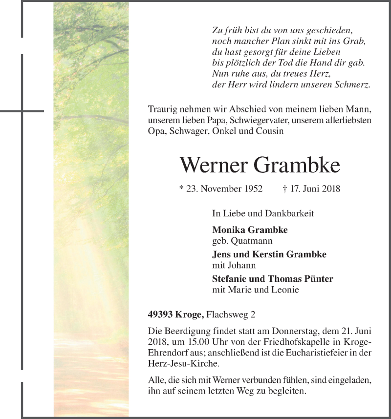  Traueranzeige für Werner Grambke vom 19.06.2018 aus OM-Medien