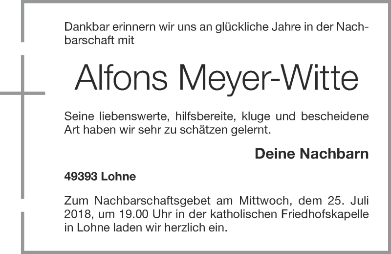  Traueranzeige für Alfons Meyer-Witte vom 24.07.2018 aus OM-Medien