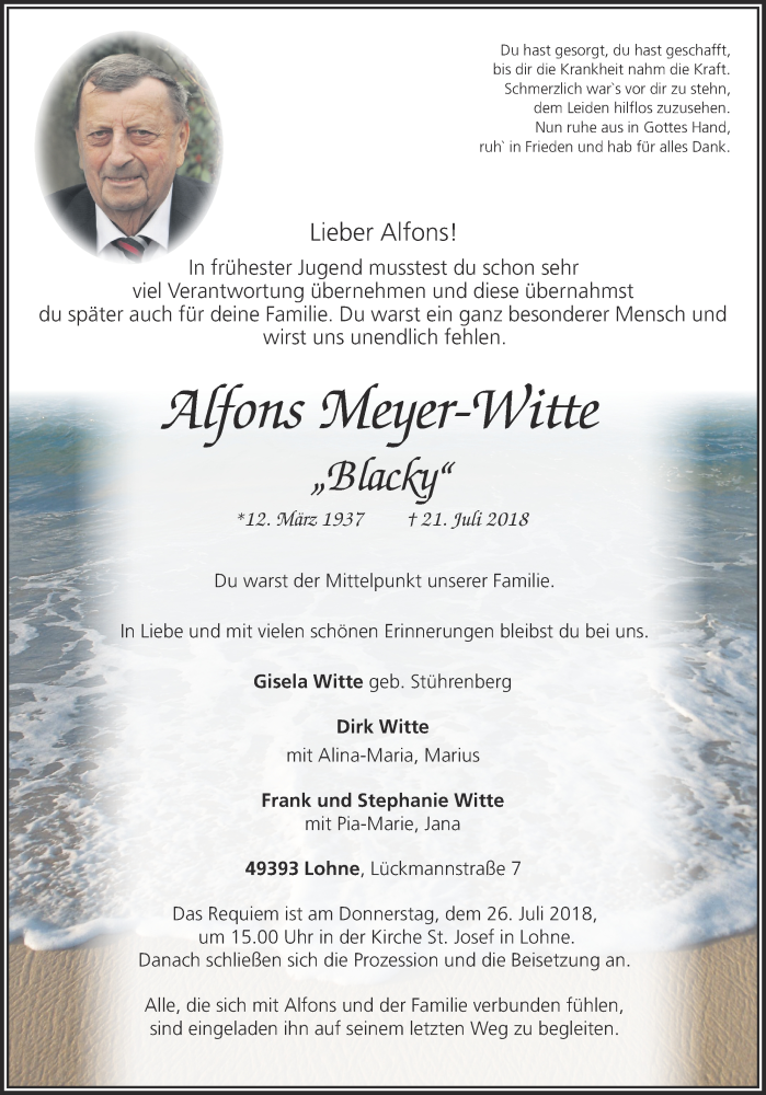  Traueranzeige für Alfons Meyer-Witte vom 23.07.2018 aus OM-Medien