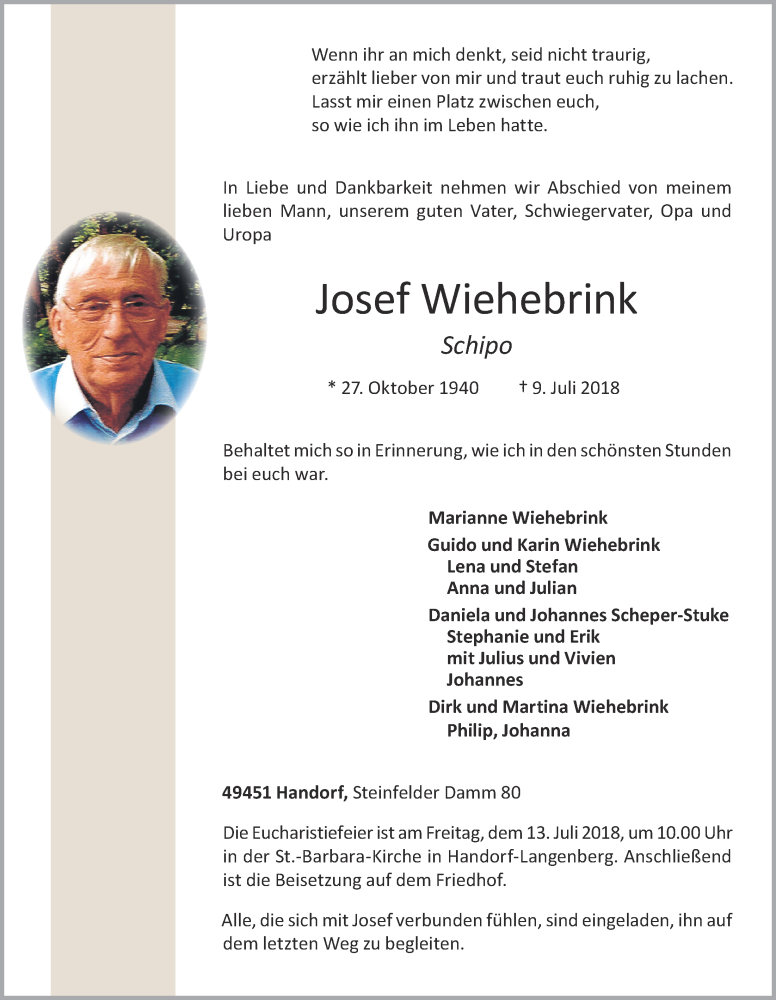  Traueranzeige für Josef Wiehebrink vom 11.07.2018 aus OM-Medien