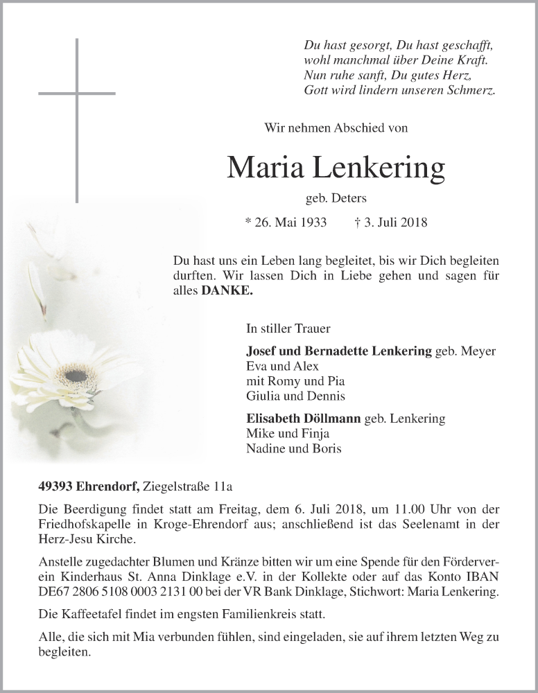  Traueranzeige für Maria Lenkering vom 04.07.2018 aus OM-Medien