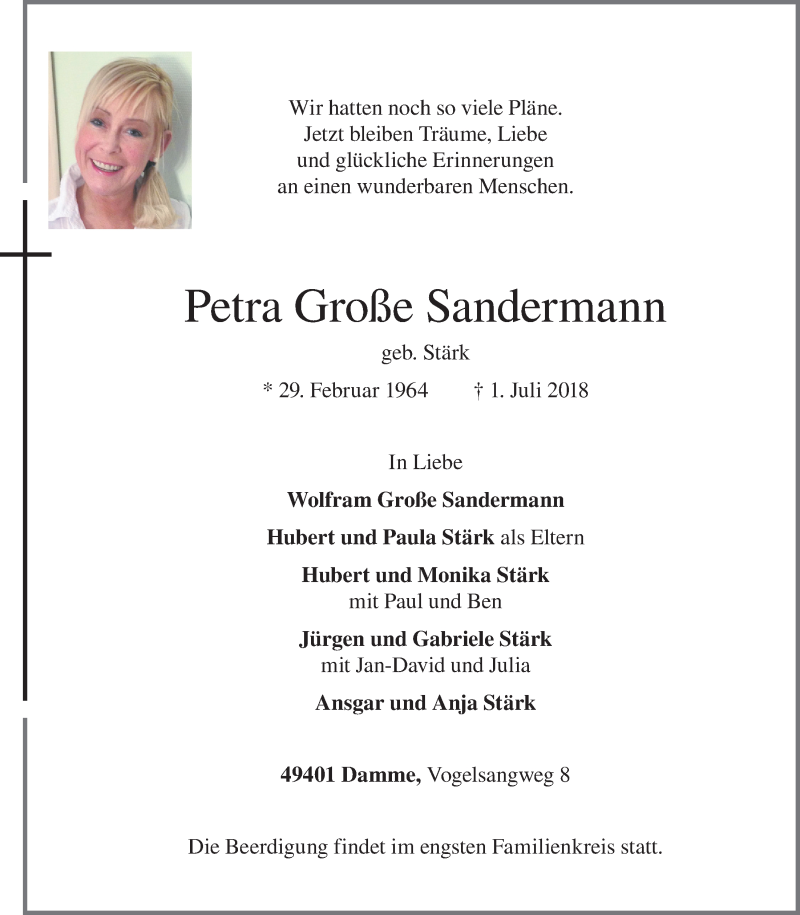  Traueranzeige für Petra Große Sandermann vom 04.07.2018 aus OM-Medien