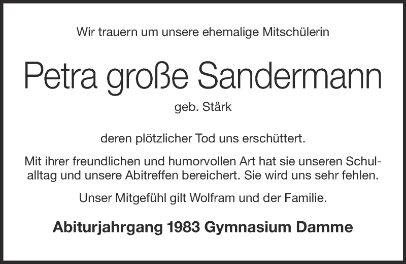  Traueranzeige für Petra Große Sandermann vom 05.07.2018 aus OM-Medien